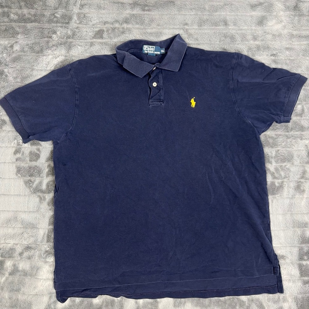 Polo Ralph Lauren Mens XXL Navy Blue Yellow Pony Short Sleeve Pique Polo Shirt